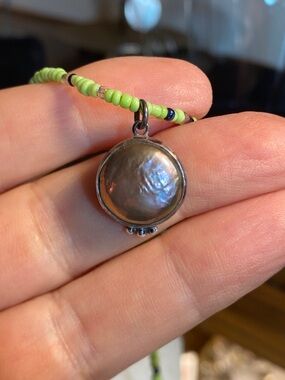 Tica Rosa Sterling Silver Coin Pearl Necklace 925 PB Green Beaded 16” + Ext